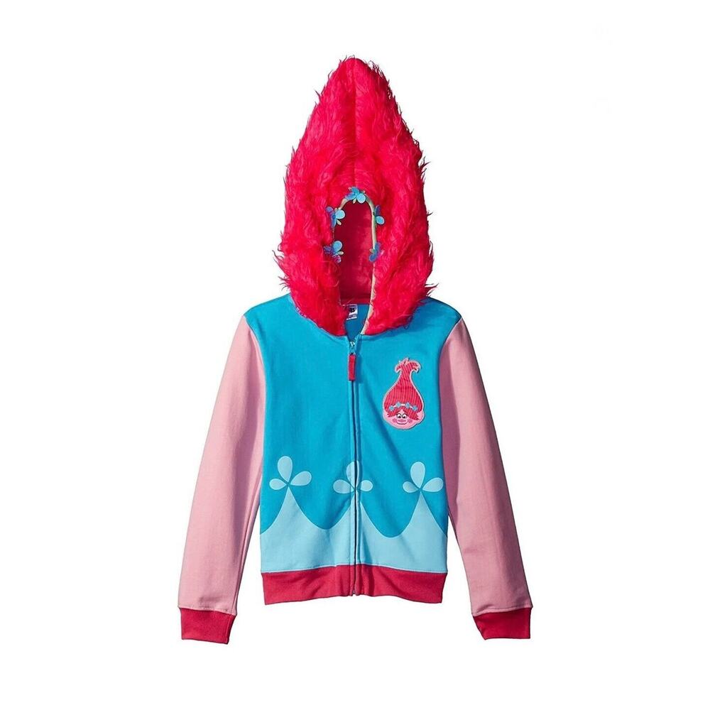 Trolls Pink Blue Poppy Full Zip Up Furry Troll Hair Hoodie Jacket Size M 10/12 - Picture 1 of 4